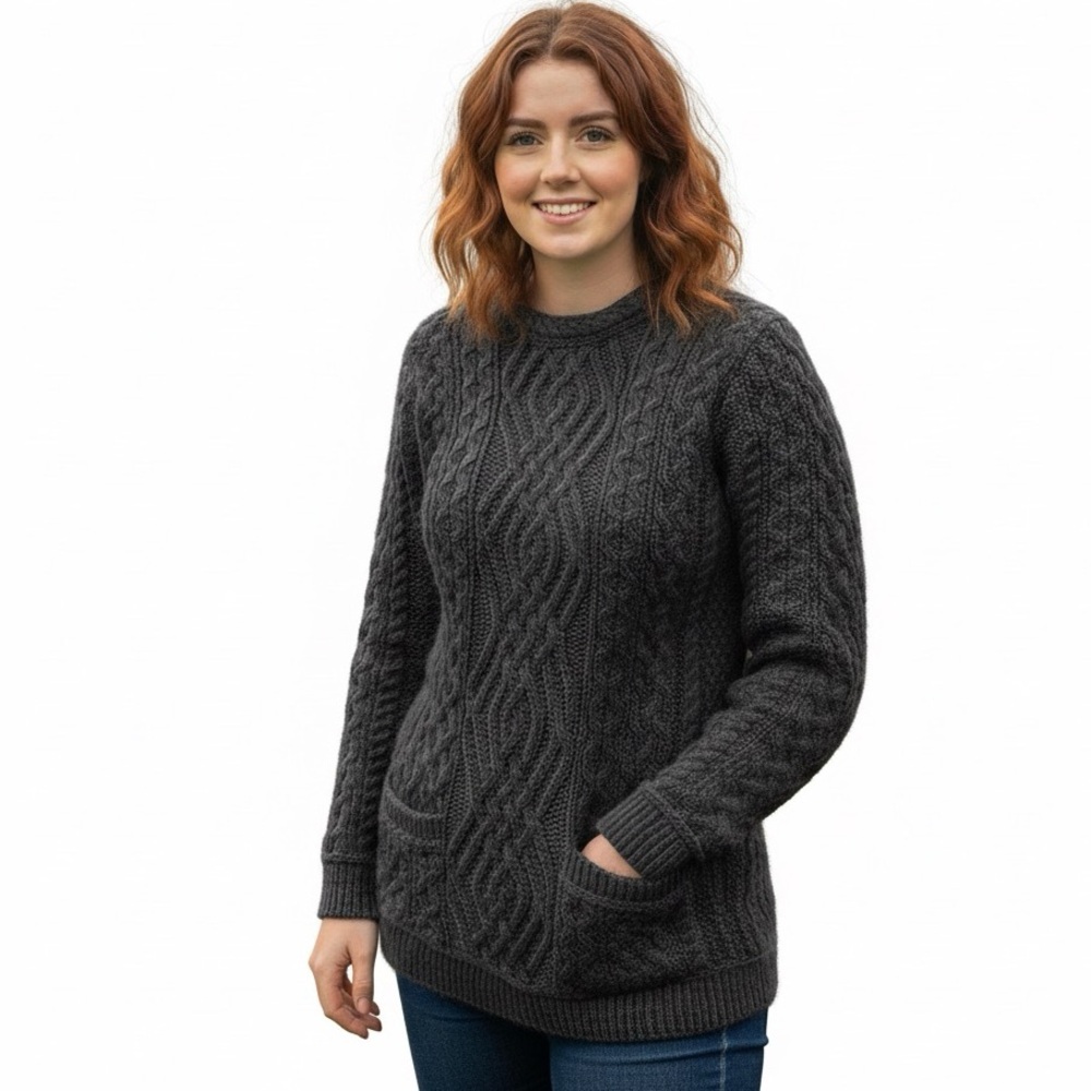 Inis Crafts Irish Merino Wool Cable Knit Sweater Pockets Crew Neck Heavy Grey S